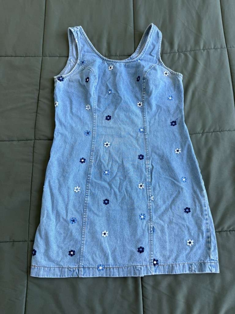 Light Blue Denim Floral Embroidered Tank Dress